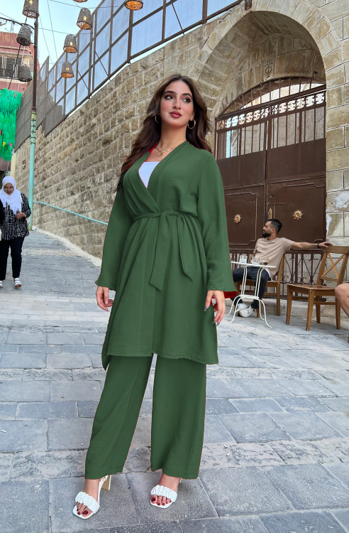 Open Front Coat With Belt & Wide Leg Pants Set