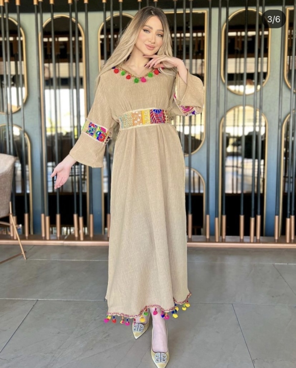 Floral Print Detailed Belted Kaftan