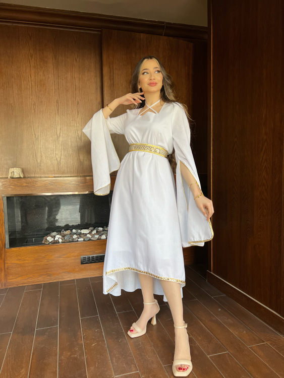 Long Sleeve Belted Jalabiya (white)