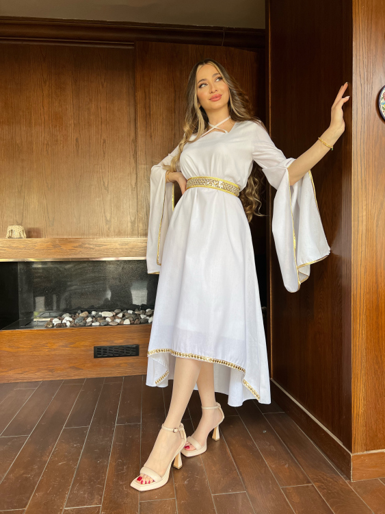 Long Sleeve Belted Jalabiya (white)