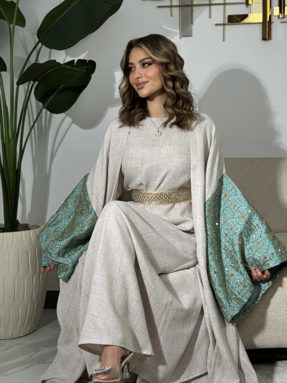 Long Sleeve Dress With Abaya (تركواز)جلابية ماسة 