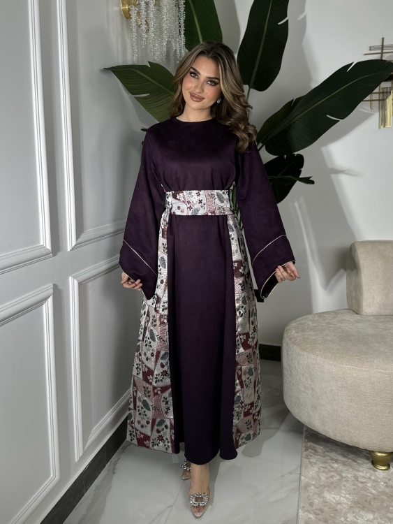 جلابية ياسمينا   Burgundy Jalabiya With Floral Belt 