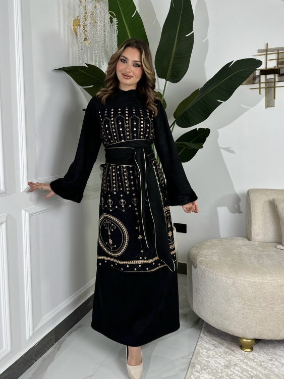 Jalabiya Dress With Fur Collar(دهبي)جلابية الكشخه 