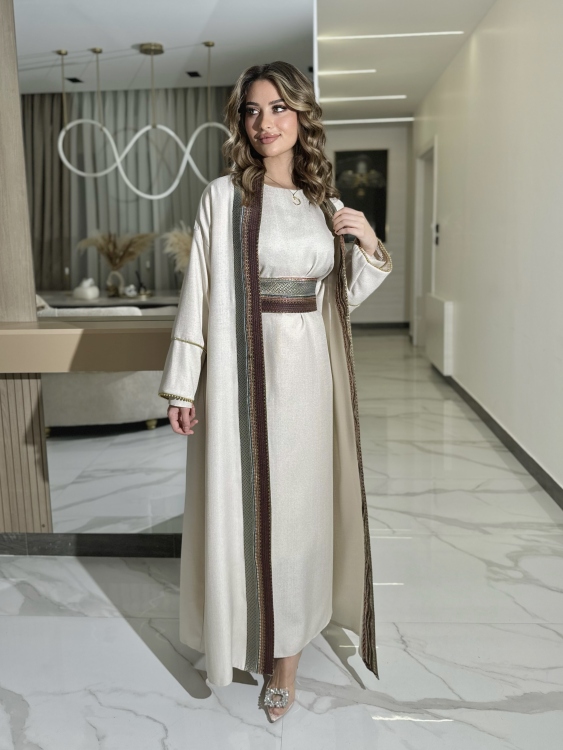 Light Biege Long Sleeve Dress & Abaya اللولوه بيج 