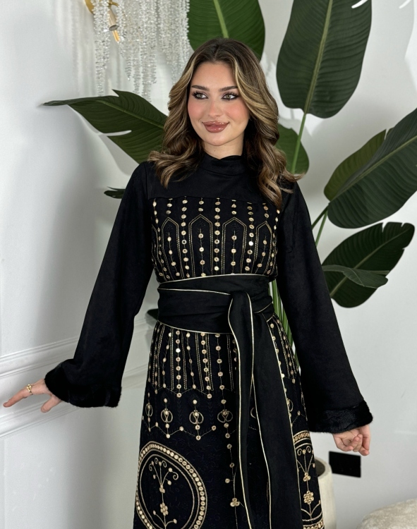 Jalabiya Dress With Fur Collar(دهبي)جلابية الكشخه 
