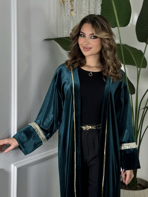 Open Front Abaya With Detailed Cuff (تركواز) بشت نور