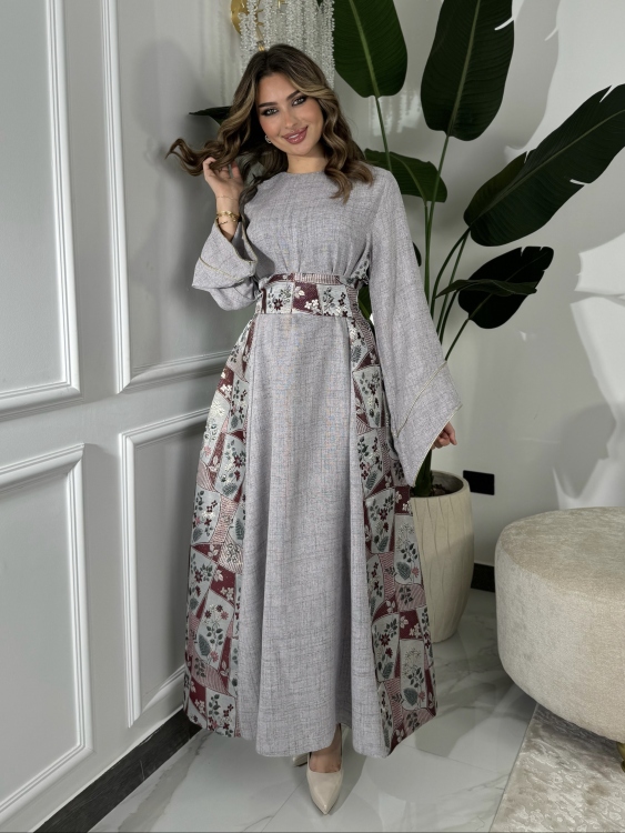 جلابية ياسمينا  Grey Jalabiya With Floral Belt 