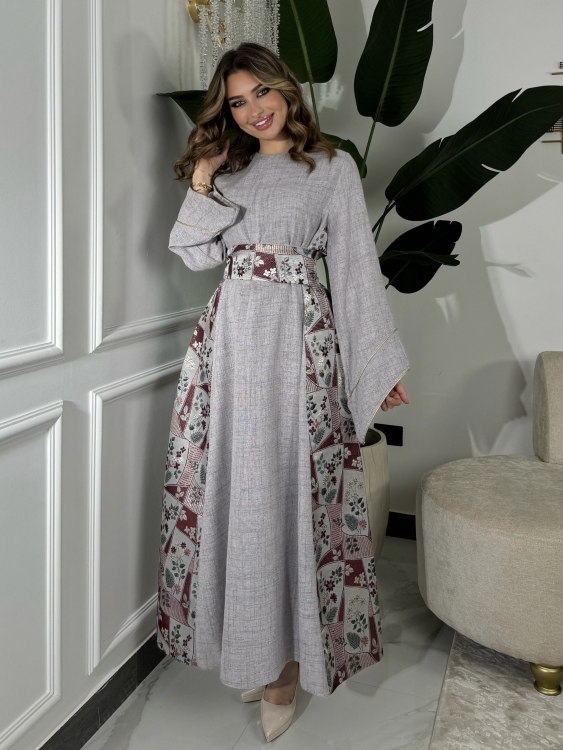 جلابية ياسمينا  Grey Jalabiya With Floral Belt 