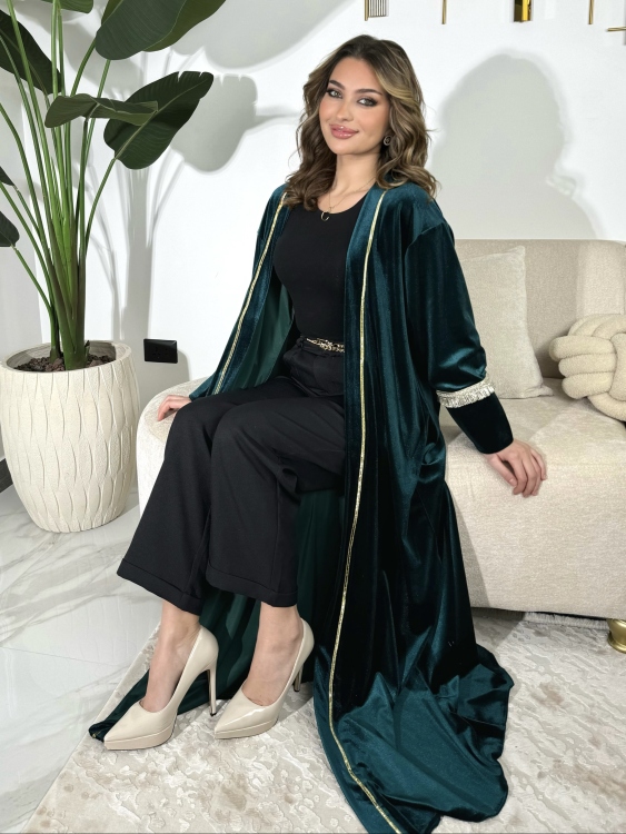 Open Front Abaya With Detailed Cuff (تركواز) بشت نور