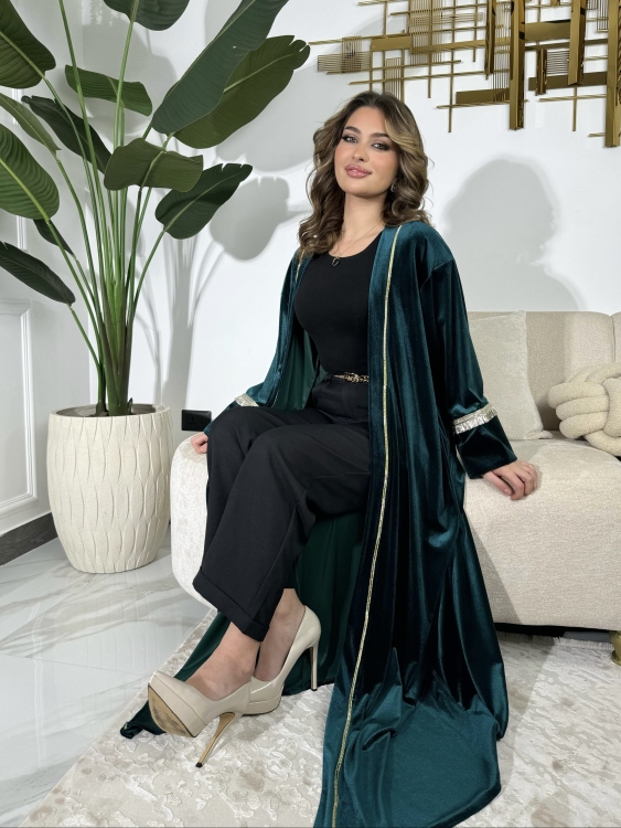 Open Front Abaya With Detailed Cuff (تركواز) بشت نور
