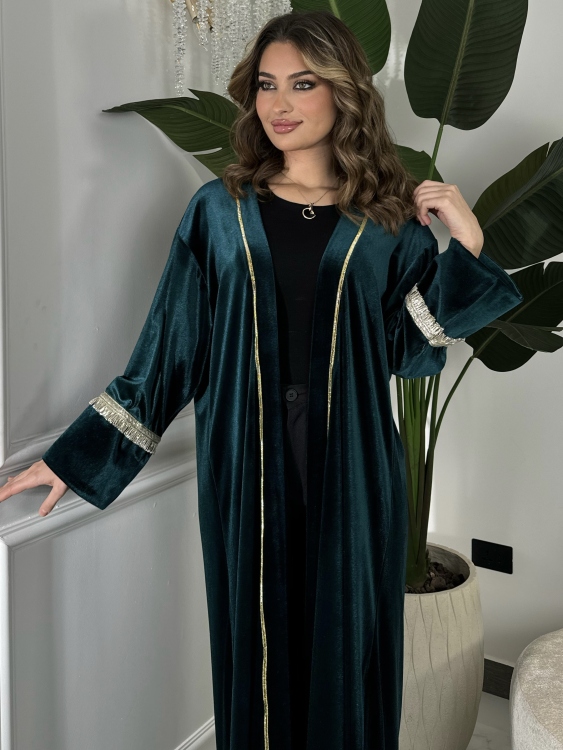 Open Front Abaya With Detailed Cuff (تركواز) بشت نور