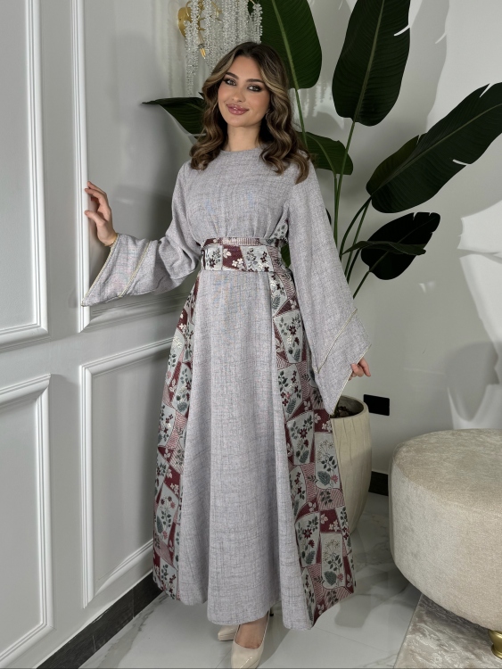 جلابية ياسمينا  Grey Jalabiya With Floral Belt 