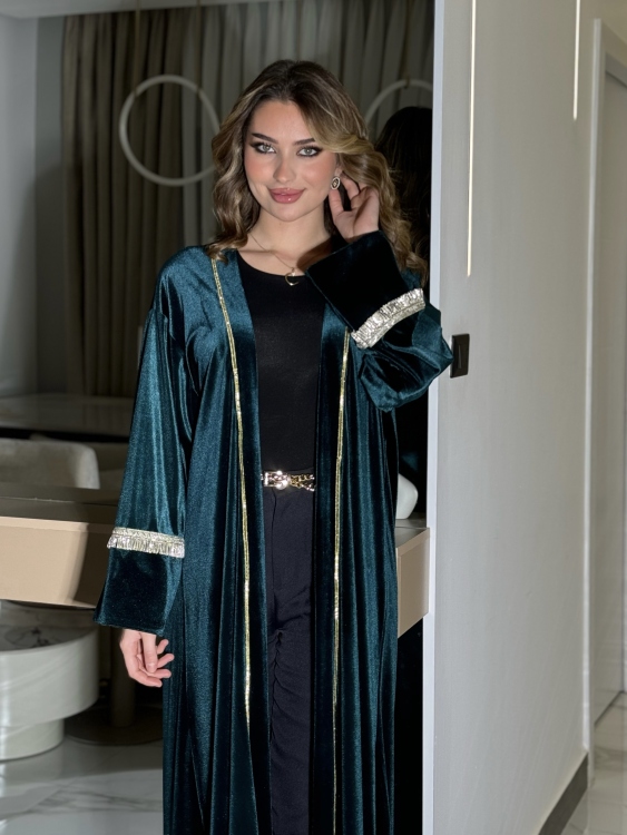 Open Front Abaya With Detailed Cuff (تركواز) بشت نور