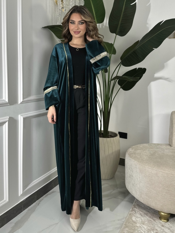Open Front Abaya With Detailed Cuff (تركواز) بشت نور