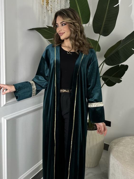 Open Front Abaya With Detailed Cuff (تركواز) بشت نور