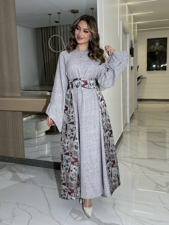 جلابية ياسمينا  Grey Jalabiya With Floral Belt 