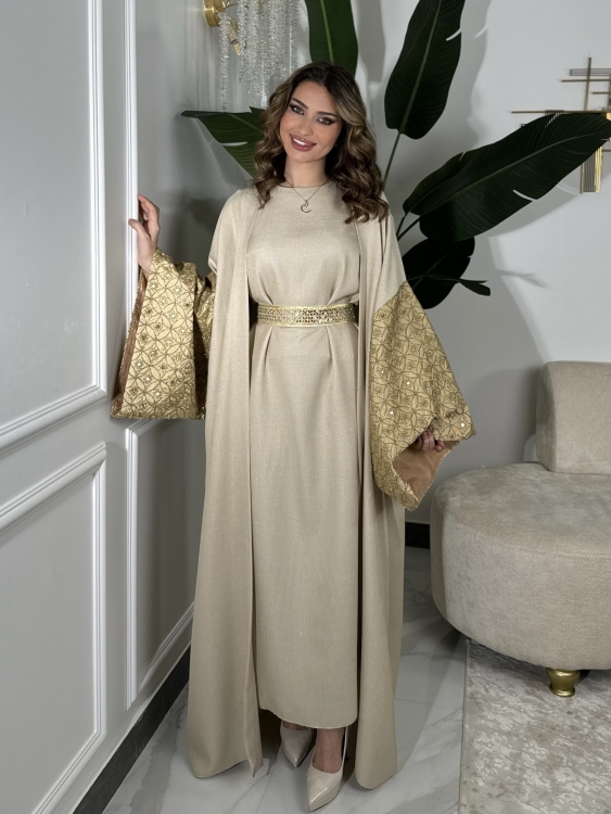 Long Sleeve Dress With Abaya جلابية ماسة (دهبي)