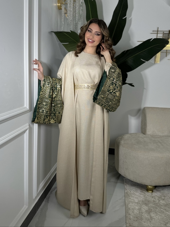 Long Sleeve Dress With Abaya جلابية ماسة (أخضر)