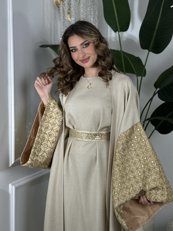Long Sleeve Dress With Abaya جلابية ماسة (دهبي)
