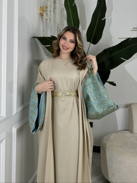 Long Sleeve Dress With Abaya جلابية ماسة (تركواز)