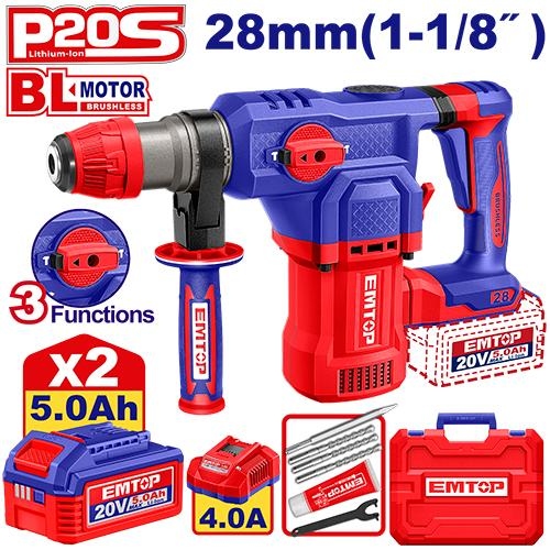 همر شحن 28MM  20V مع 2 بطاريه 5A جديد   SDS_PLUS  مع 4 ريش  3 حركات (4.5J)ELRH202862   Brushless Motor 