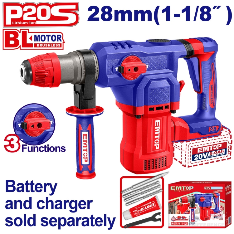 همر شحن  28MM جديد بدون بطاريه 20v SDS_PLUS  مع 4 ريش  3 حركات (4.5J)  ELRH20286  Brushless Motor 