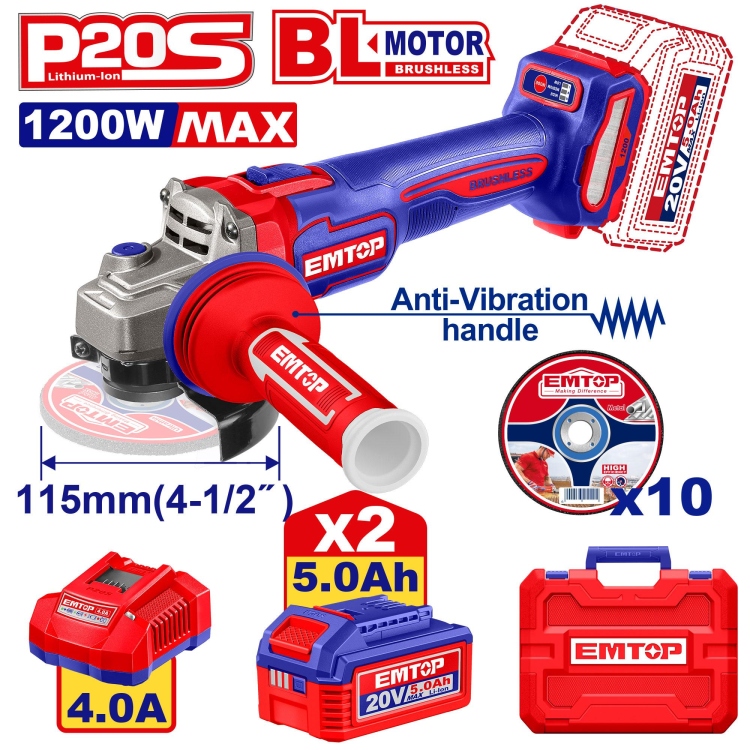 صاروخ 4.5" شحن 20v 1200W جديد  مع 2 بطاريه 5A و شاحن   ELAG2120252   Brushless Motor 