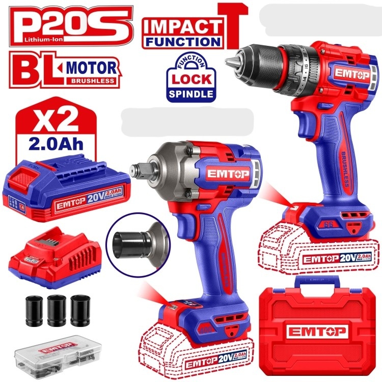 طقم 2 قطعه درل شاكوش 13 ملم + درل بكسات 20v  مع 2 بطاريه و شاحن ECKL20275    Brushless Motor