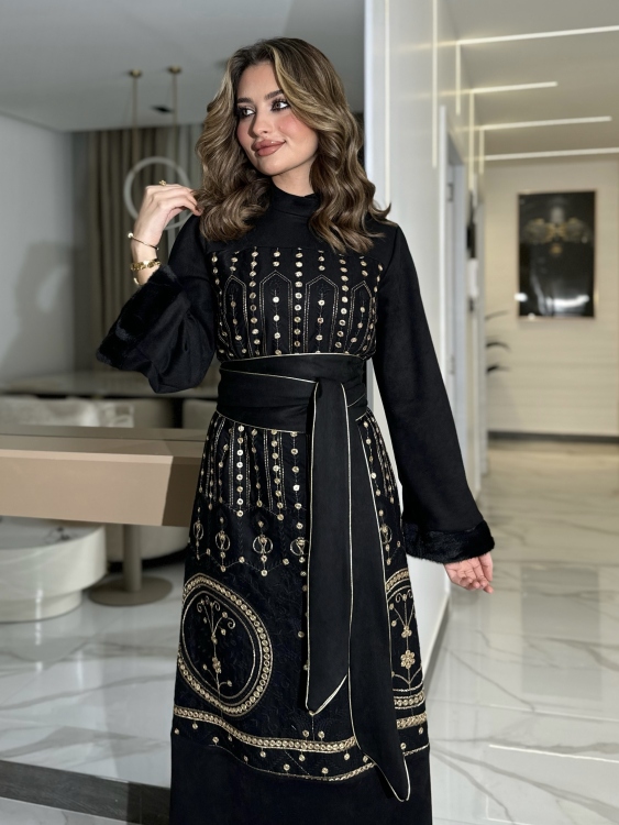 Jalabiya Dress With Fur Collar(دهبي)جلابية الكشخه 