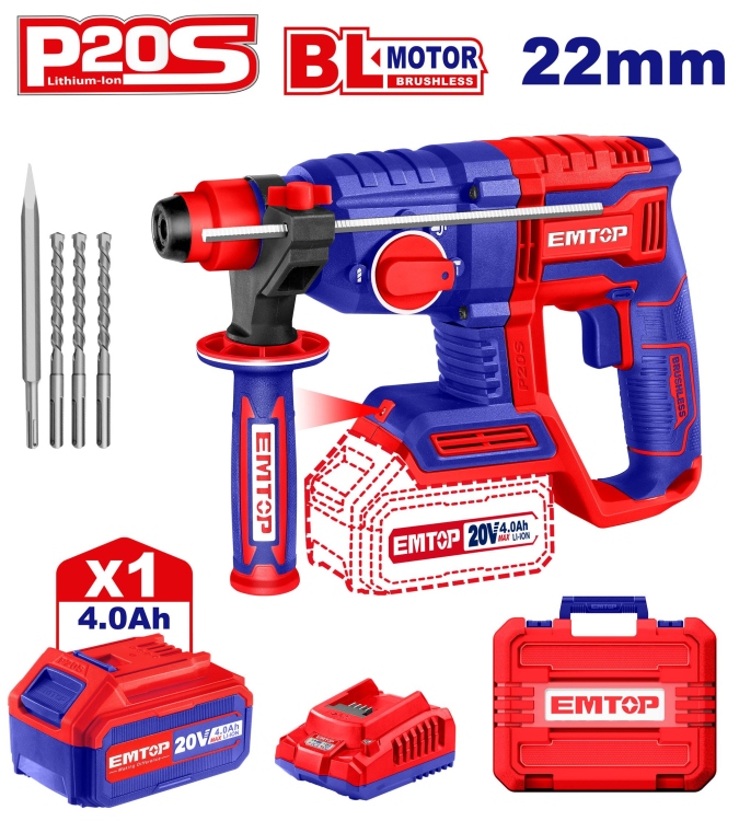 درل همر شحن ازرق 22MM مع 1 بطارية SDS_PLUS 20V 4A مع 4ريش 4حركاتELRH202081    Brushless Motor  