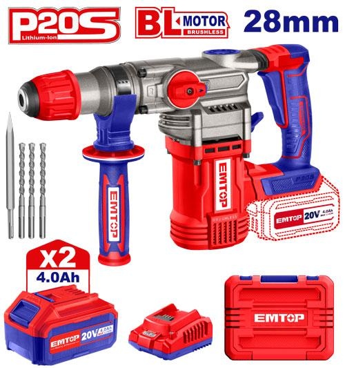 همر شحن 28MM مع 2 بطاريةSDS_PLUS 20V 4A مع 4 ريش 4 حركاتELRH202882    Brushless Motor  