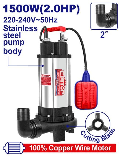 مضخة ماء غاطس مع فرامة 2 حصان ارتفاع 14.5 متر تدفق 350L مخرج 2" مع شفرة تقطيع    EWPPQD15001