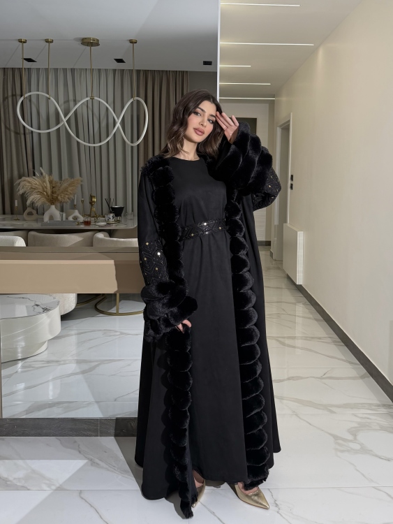 Embroidered Fur Bisht with Suede Dress  جلابية شموخ الفرو