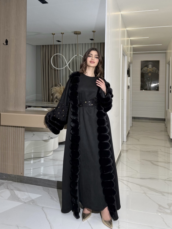 Embroidered Fur Bisht with Suede Dress  جلابية شموخ الفرو