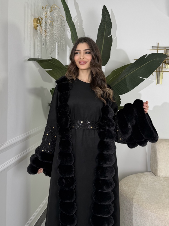 Embroidered Fur Bisht with Suede Dress  جلابية شموخ الفرو