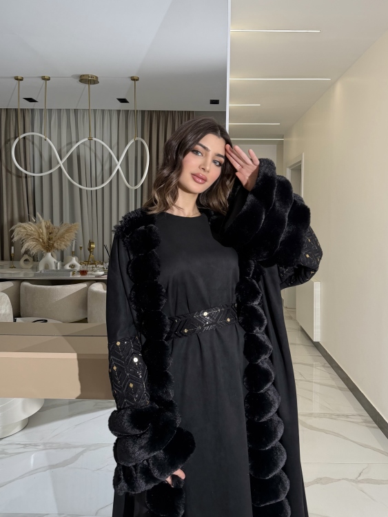 Embroidered Fur Bisht with Suede Dress  جلابية شموخ الفرو