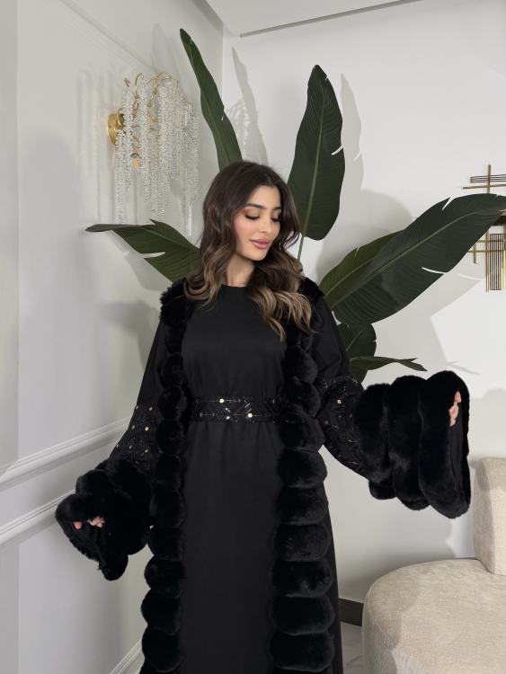 Embroidered Fur Bisht with Suede Dress  جلابية شموخ الفرو