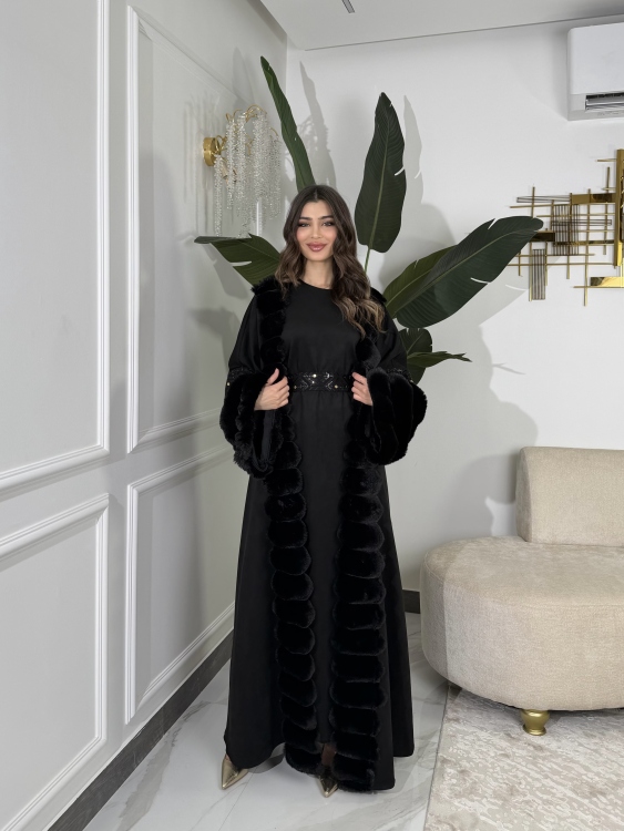 Embroidered Fur Bisht with Suede Dress  جلابية شموخ الفرو