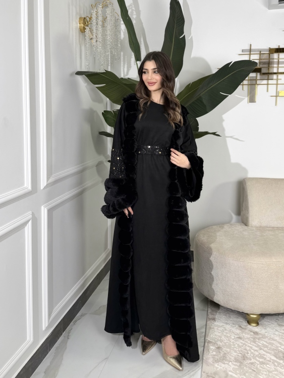 Embroidered Fur Bisht with Suede Dress  جلابية شموخ الفرو