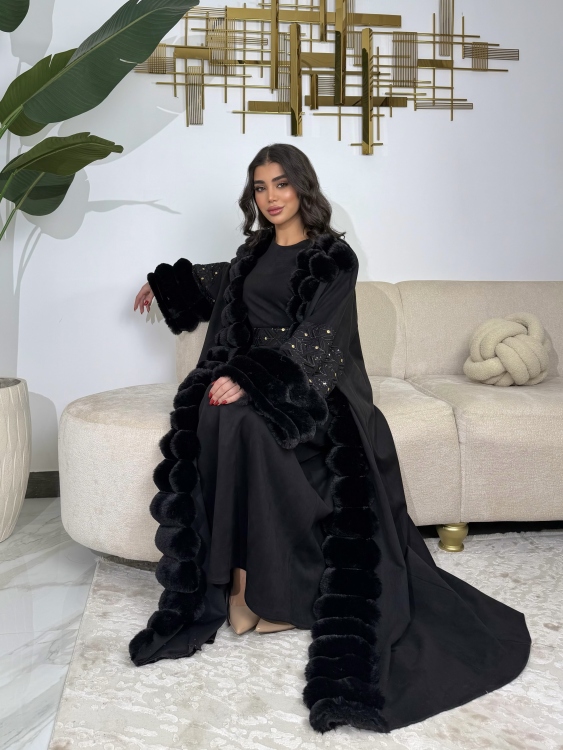 Embroidered Fur Bisht with Suede Dress  جلابية شموخ الفرو