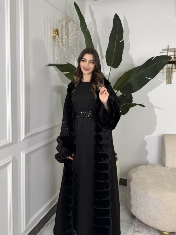 Embroidered Fur Bisht with Suede Dress  جلابية شموخ الفرو