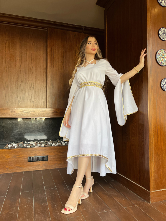 Long Sleeve Belted Jalabiya (white)