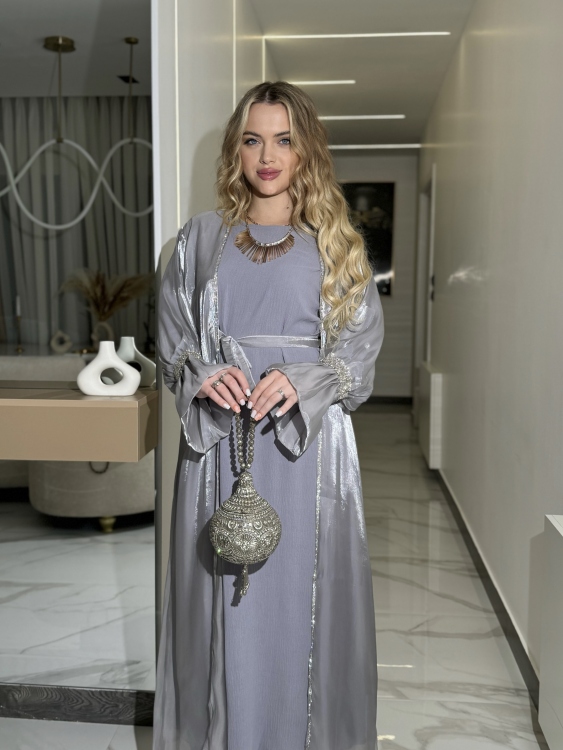 Two pieces chiffon abaya and dress (grey) العروسة