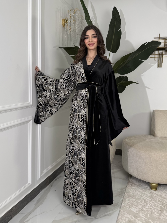 Open Front Jalabiya With Belt جلابية الشيخة  (نقشة ابيض)