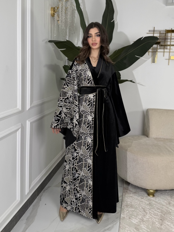 Open Front Jalabiya With Belt جلابية الشيخة  (نقشة ابيض)