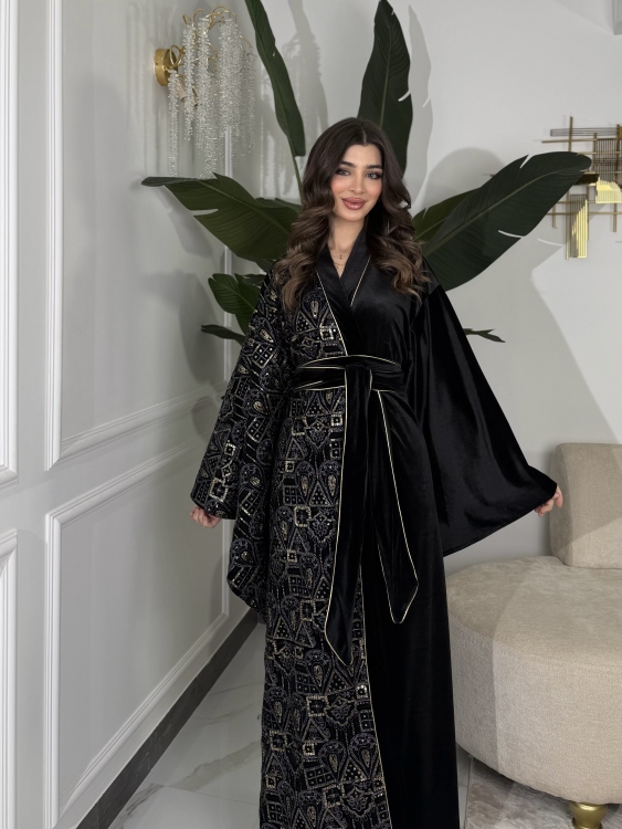 Open Front Jalabiya With Belt جلابية الشيخة  (نقشة ذهبي)