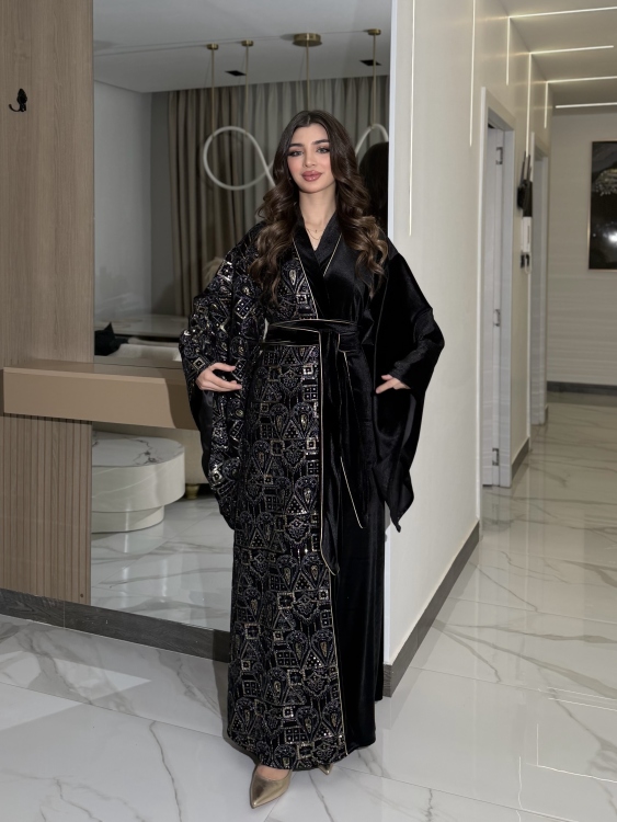 Open Front Jalabiya With Belt جلابية الشيخة  (نقشة ذهبي)