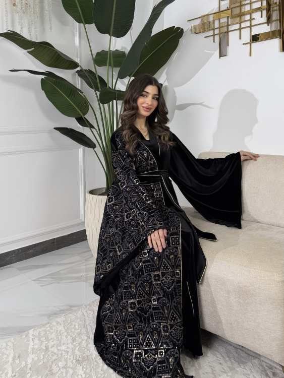 Open Front Jalabiya With Belt جلابية الشيخة  (نقشة ذهبي)