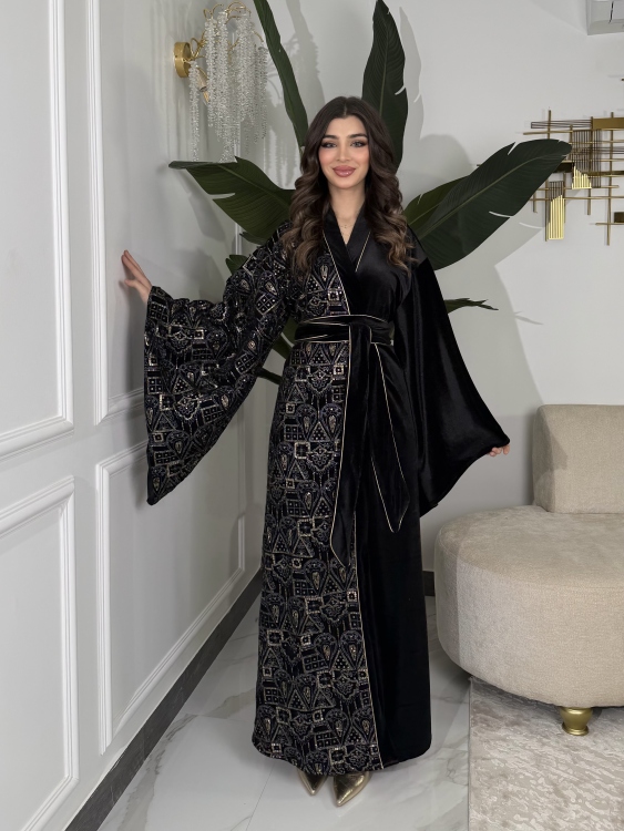 Open Front Jalabiya With Belt جلابية الشيخة  (نقشة ذهبي)