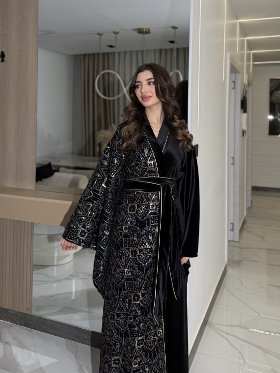 Open Front Jalabiya With Belt جلابية الشيخة  (نقشة ذهبي)